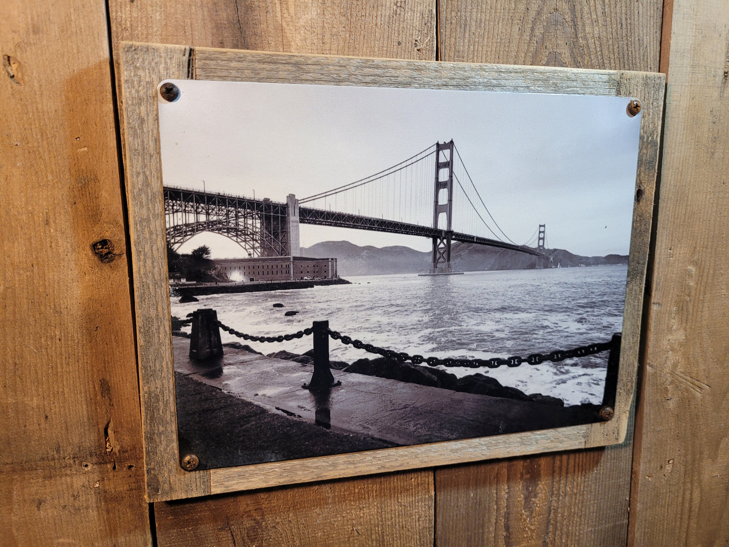 metal print on reclaimed wood