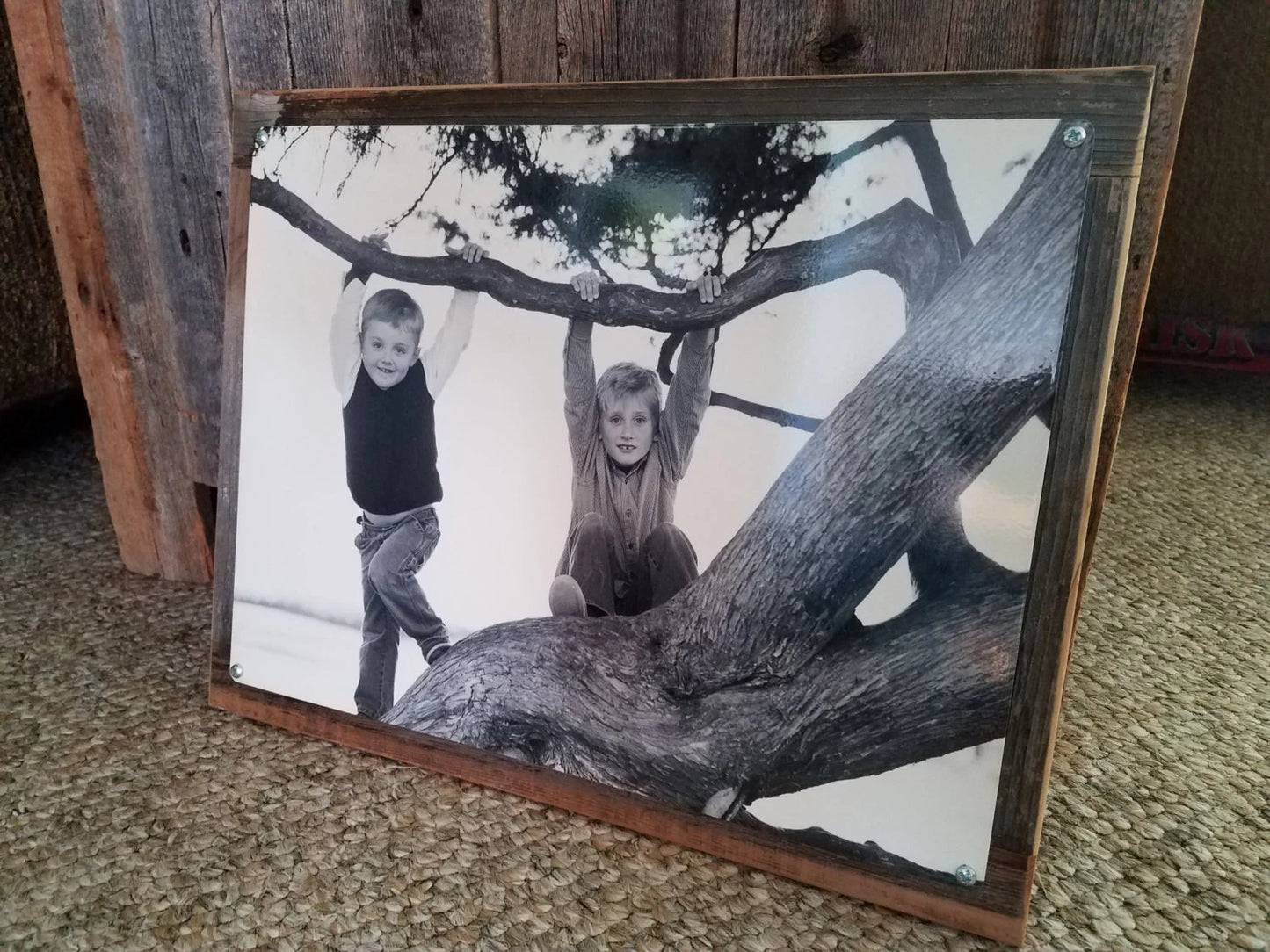 metal print on reclaimed wood